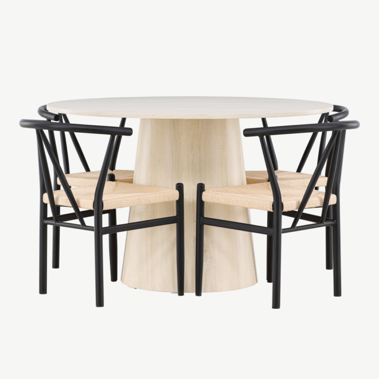 Valge peitsiga ümmargune söögilaud Lanzo ja musta raamiga rotangist toolide komplekt Alfons (lauaplaat MDF, ø120 cm, 4 tooli) - GR24425