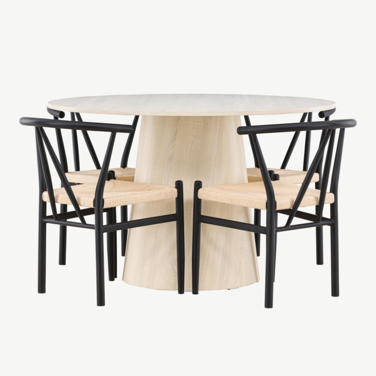 Valge peitsiga ümmargune söögilaud Lanzo ja musta raamiga rotangist toolide komplekt Alfons (lauaplaat MDF, ø120 cm, 4 tooli) - GR24425