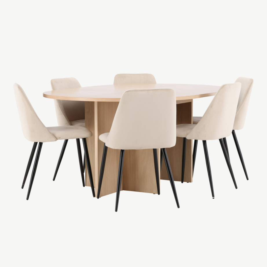 Valge pikendatav söögilaud toolidega: Strada laud ja 6 beeži velvetist Night tooli, GR24742 – 2