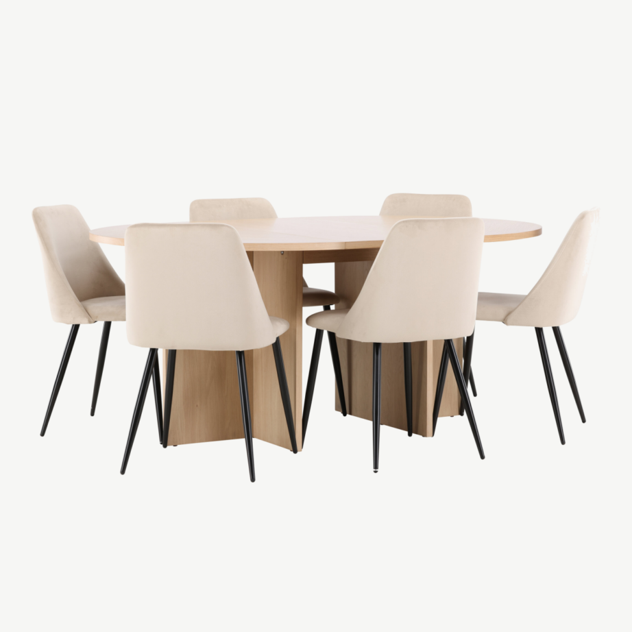 Valge pikendatav söögilaud toolidega: Strada laud ja 6 beeži velvetist Night tooli, GR24742 – 3