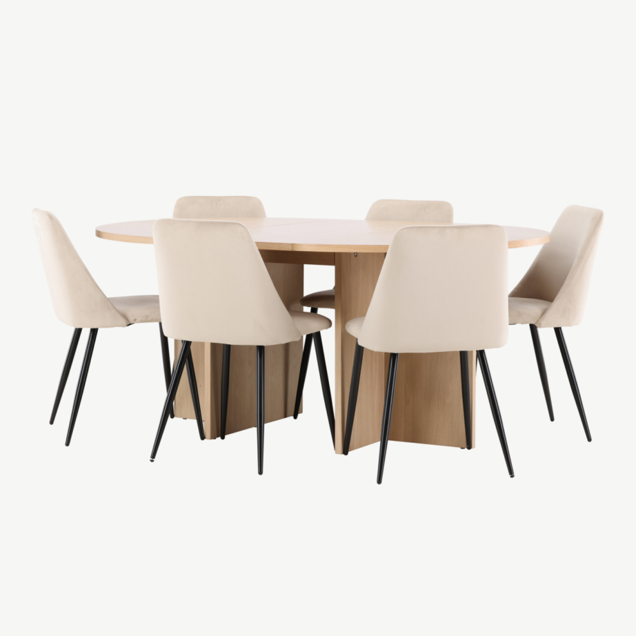 Valge pikendatav söögilaud toolidega: Strada laud ja 6 beeži velvetist Night tooli, GR24742 – 5