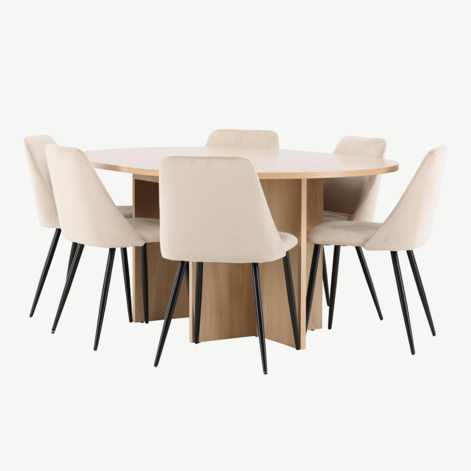 Valge pikendatav söögilaud toolidega: Strada laud ja 6 beeži velvetist Night tooli, GR24742 – 6