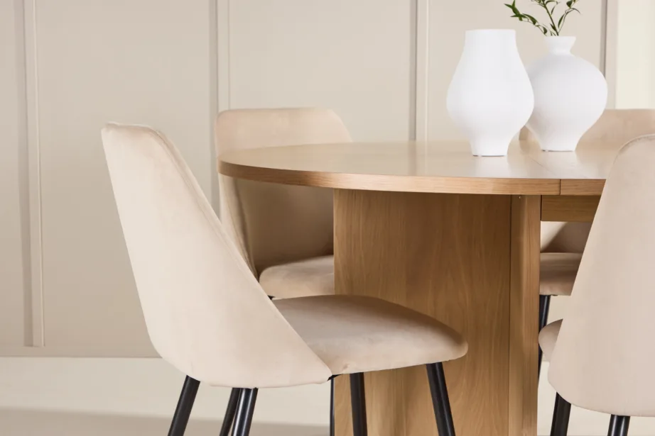 Valge pikendatav söögilaud toolidega: Strada laud ja 6 beeži velvetist Night tooli, GR24742 – 9