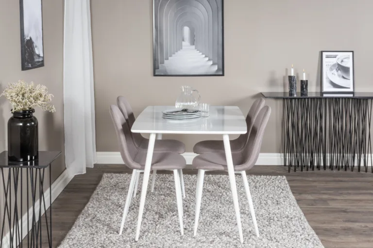 Valge söögilauakomplekt Polar (MDF laud 120x80 cm, 4 halli kangast tooli) - GR24034
