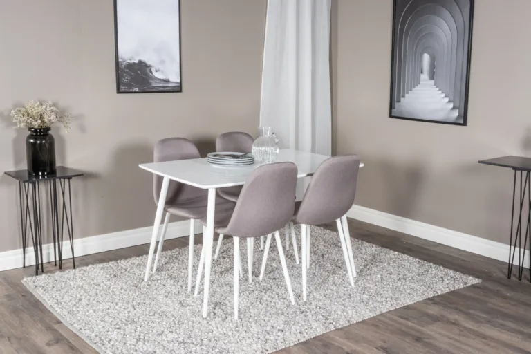 Valge söögilauakomplekt Polar (MDF laud 120x80 cm, 4 halli kangast tooli) - GR24034