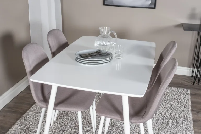 Valge söögilauakomplekt Polar (MDF laud 120x80 cm, 4 halli kangast tooli) - GR24034