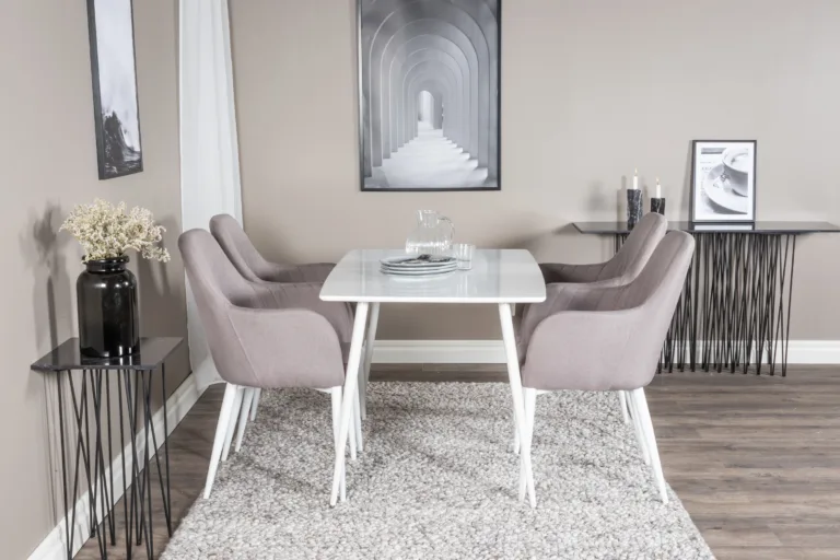 Valge söögilaud Polar (120x80cm) ja hallid polsterdatud toolid Comfort, komplekt 4 tooliga - GR24031