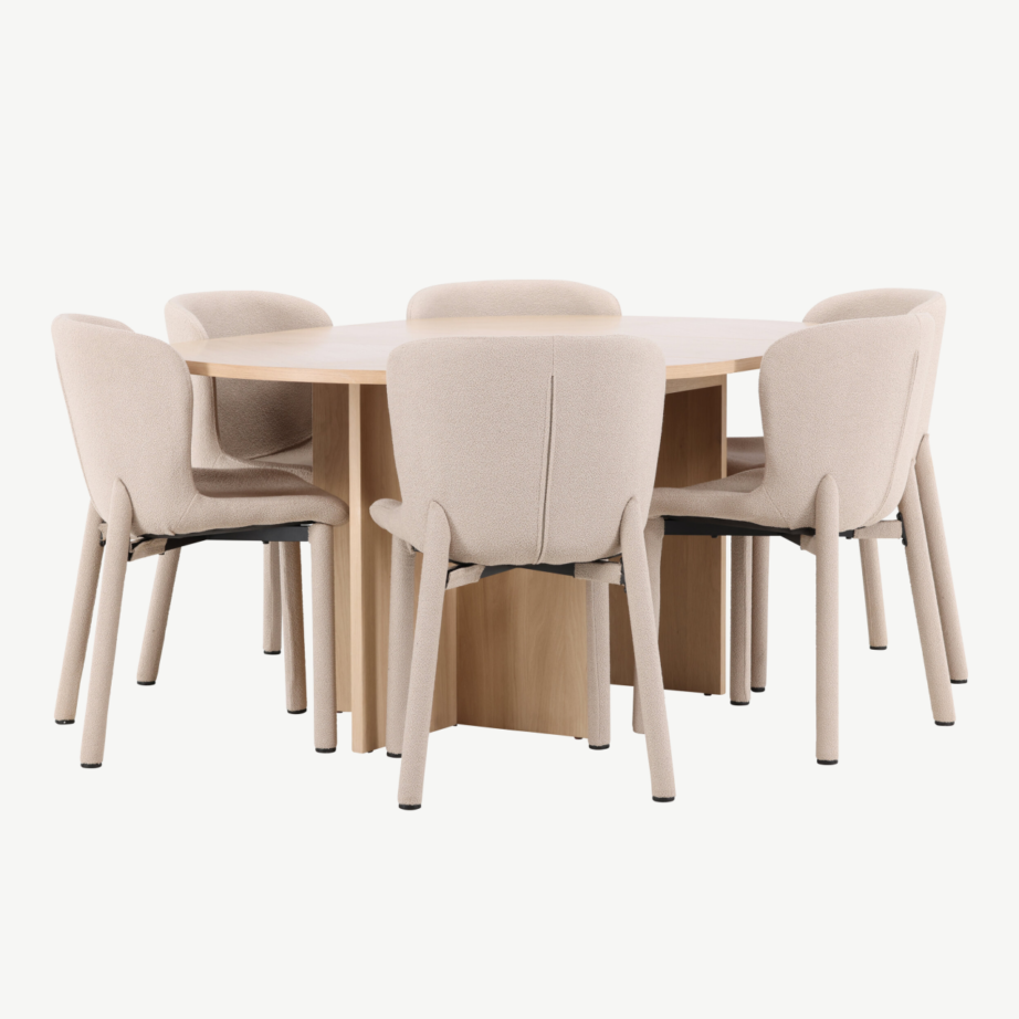 Valge ümmargune laiendatav söögilauakomplekt Strada laud ja 6 beeži buklee Astoria tooli, GR24746 – 2