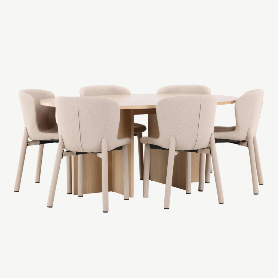 Valge ümmargune laiendatav söögilauakomplekt Strada laud ja 6 beeži buklee Astoria tooli, GR24746 – 3