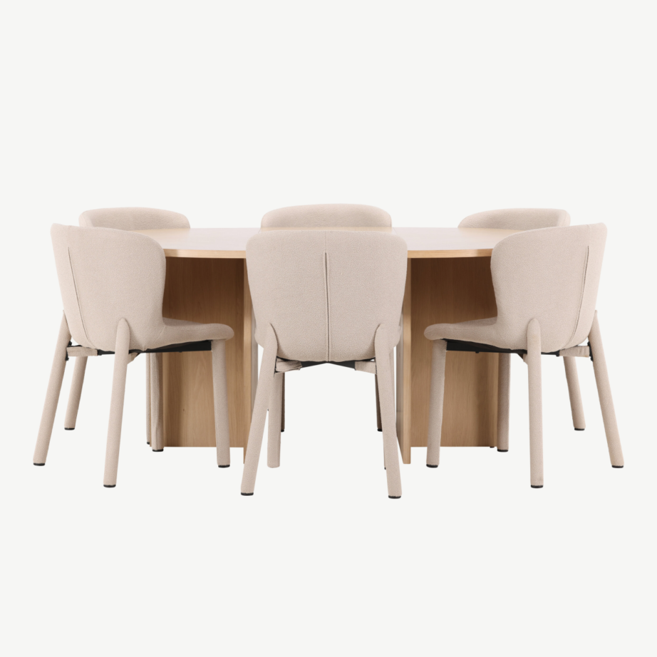 Valge ümmargune laiendatav söögilauakomplekt Strada laud ja 6 beeži buklee Astoria tooli, GR24746 – 4