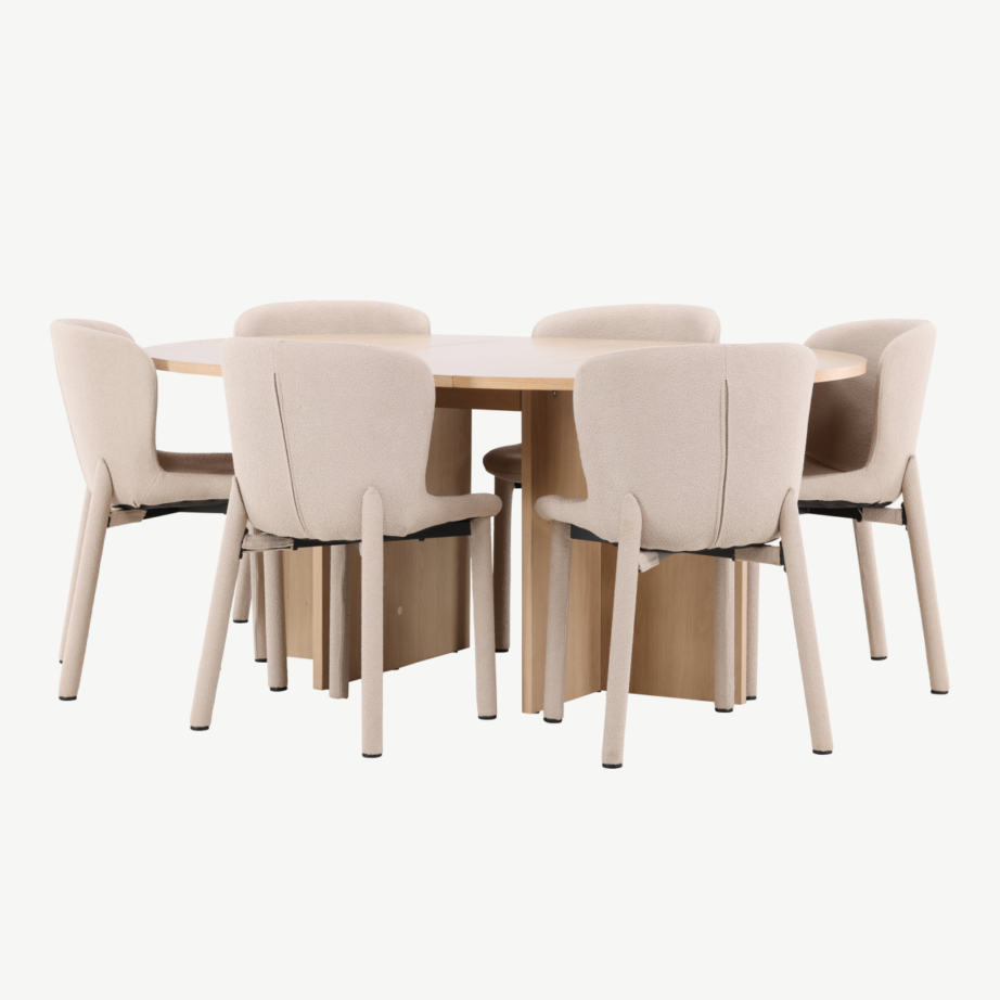 Valge ümmargune laiendatav söögilauakomplekt Strada laud ja 6 beeži buklee Astoria tooli, GR24746 – 5