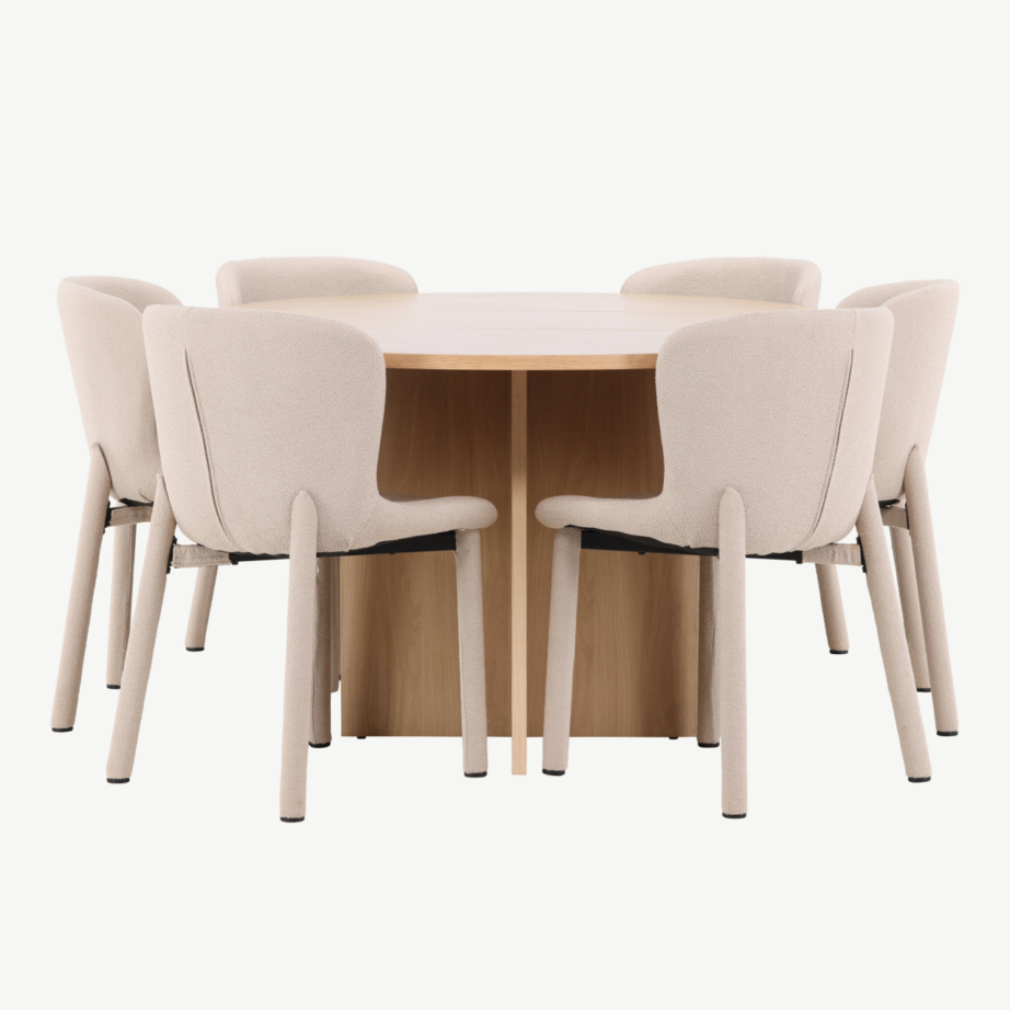 Valge ümmargune laiendatav söögilauakomplekt Strada laud ja 6 beeži buklee Astoria tooli, GR24746 – 7