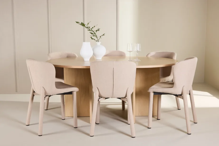 Valge ümmargune laiendatav söögilauakomplekt Strada laud ja 6 beeži buklee Astoria tooli, GR24746 – 8