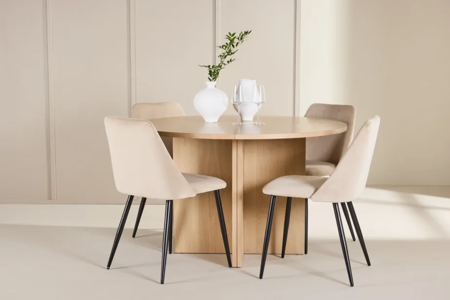 Valge ümmargune pikendatav söögilauakomplekt Strada laud ja 4 beeži sametkattega Night tooli, GR24741 – 8