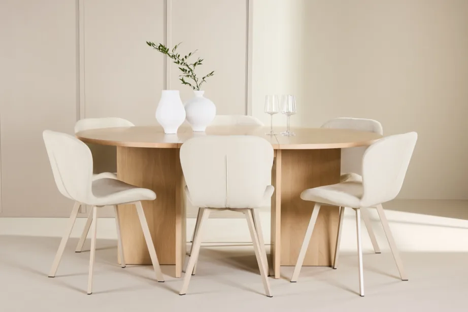 Valge ümmargune pikendatav söögilauakomplekt Strada laud ja 6 beeži Lilja tooli, GR24748 – 8