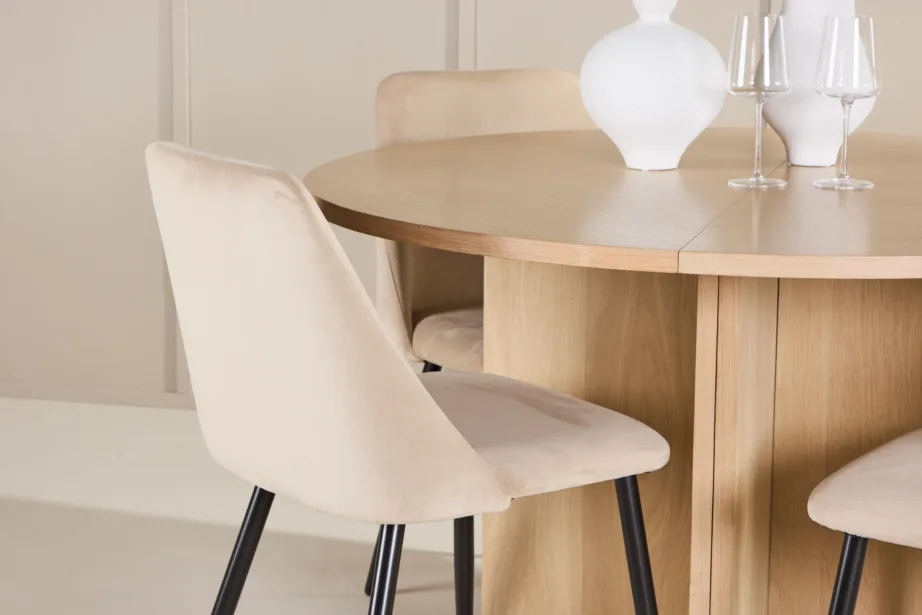 Valge ümmargune pikendatav söögilauakomplekt Strada laud ja 4 beeži sametkattega Night tooli, GR24741 – 9