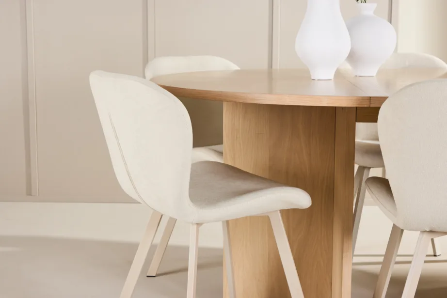 Valge ümmargune pikendatav söögilauakomplekt Strada laud ja 6 beeži Lilja tooli, GR24748 – 9