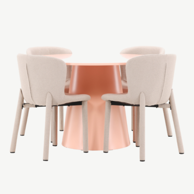 Virsikutooni ümmargune söögilauakomplekt: MDF laud Ø120 cm ja 4 beežis bukleekangaga tooli (Lanzo & Astoria) - GR24699