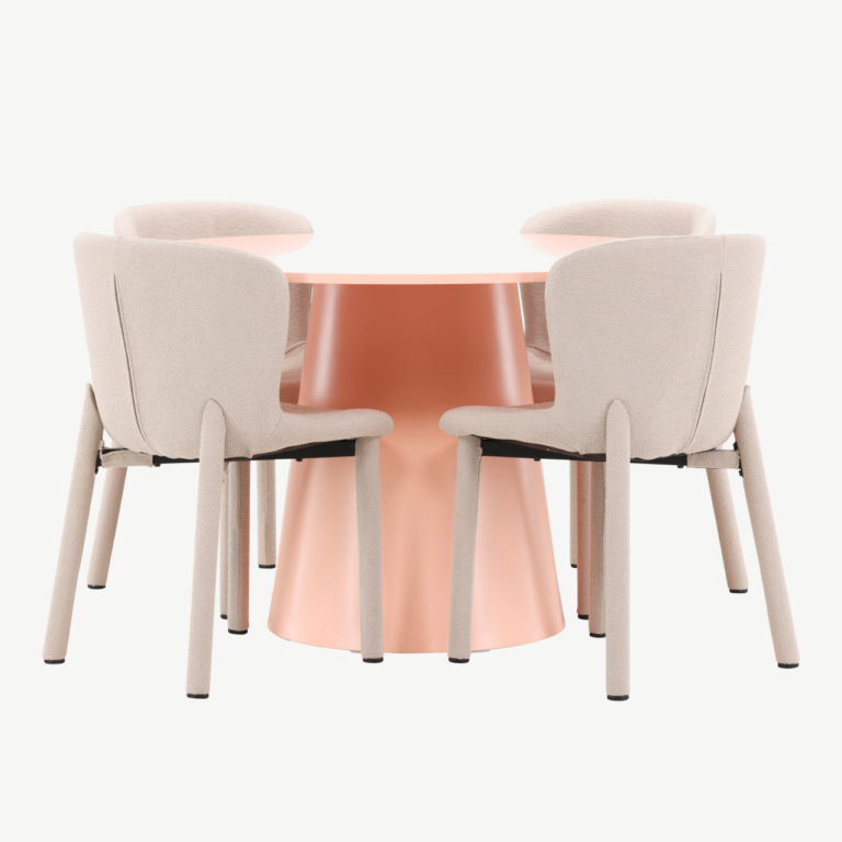 Virsikutooni ümmargune söögilauakomplekt: MDF laud Ø120 cm ja 4 beežis bukleekangaga tooli (Lanzo & Astoria) - GR24699