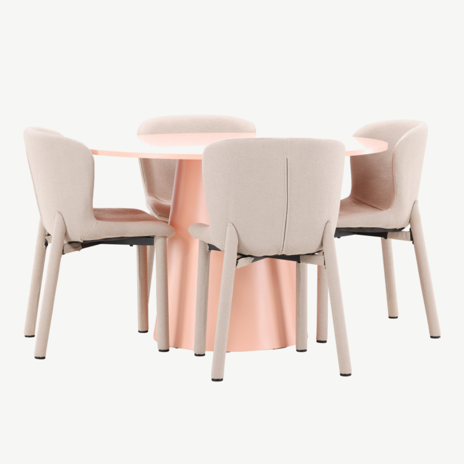 Virsikutooni ümmargune söögilauakomplekt: MDF laud Ø120 cm ja 4 beeži bukleekangaga tooli (Lanzo & Astoria), GR24699 – 2