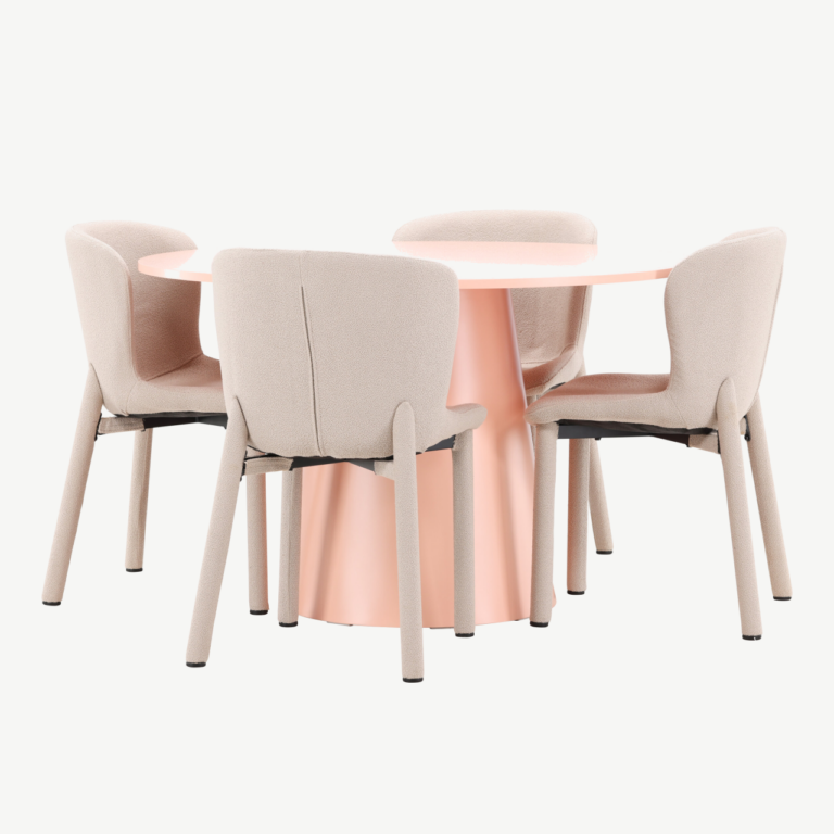 Virsikutooni ümmargune söögilauakomplekt: MDF laud Ø120 cm ja 4 beežis bukleekangaga tooli (Lanzo & Astoria) - GR24699