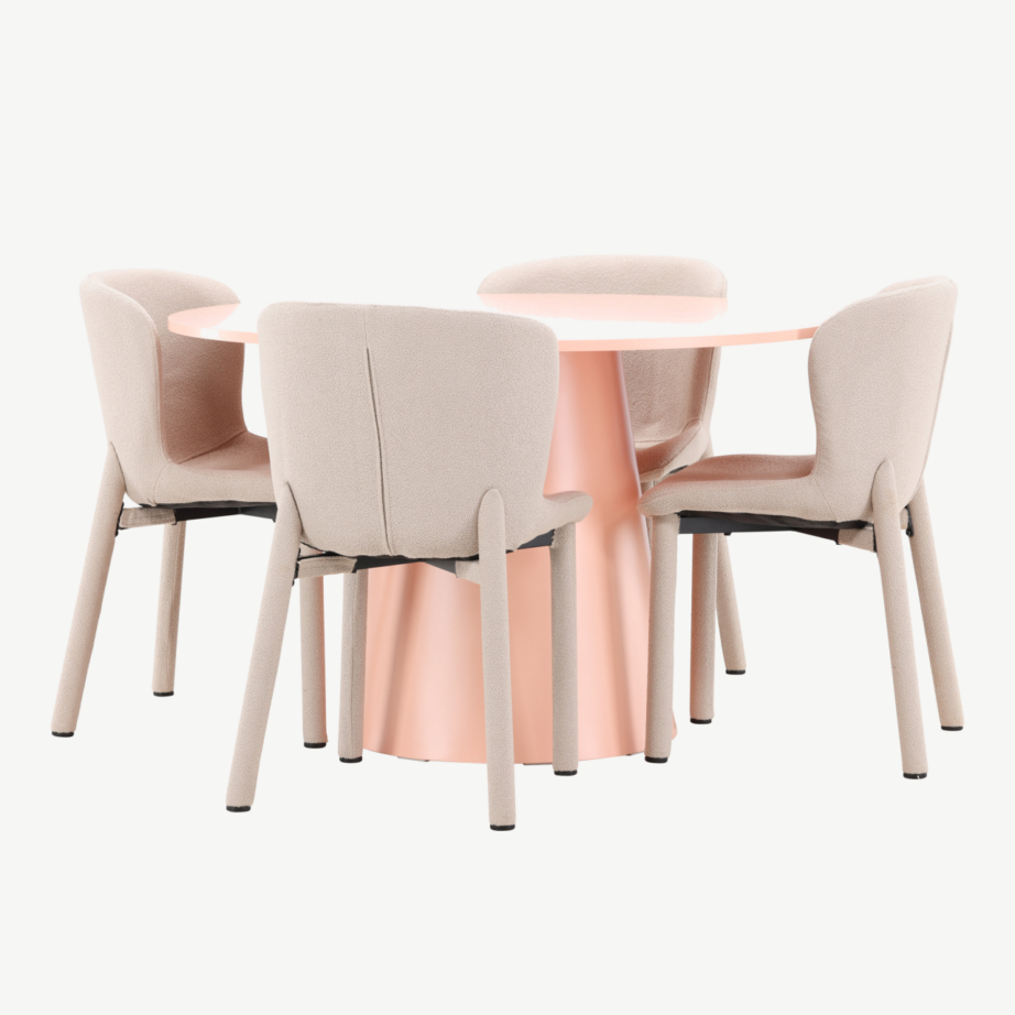 Virsikutooni ümmargune söögilauakomplekt: MDF laud Ø120 cm ja 4 beeži bukleekangaga tooli (Lanzo & Astoria), GR24699 – 3