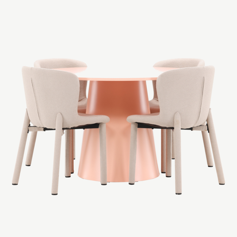 Virsikutooni ümmargune söögilauakomplekt: MDF laud Ø120 cm ja 4 beežis bukleekangaga tooli (Lanzo & Astoria) - GR24699