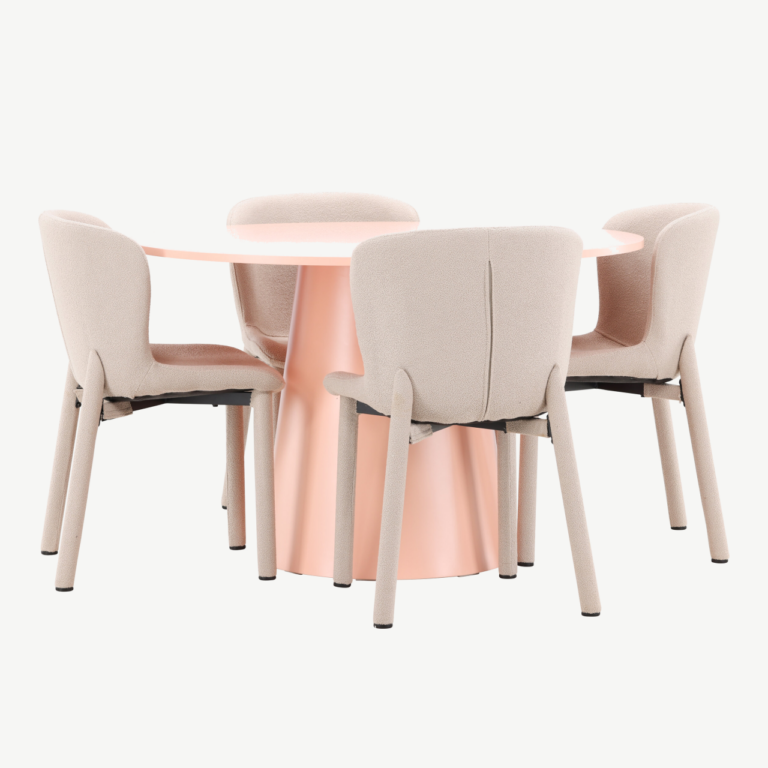 Virsikutooni ümmargune söögilauakomplekt: MDF laud Ø120 cm ja 4 beežis bukleekangaga tooli (Lanzo & Astoria) - GR24699