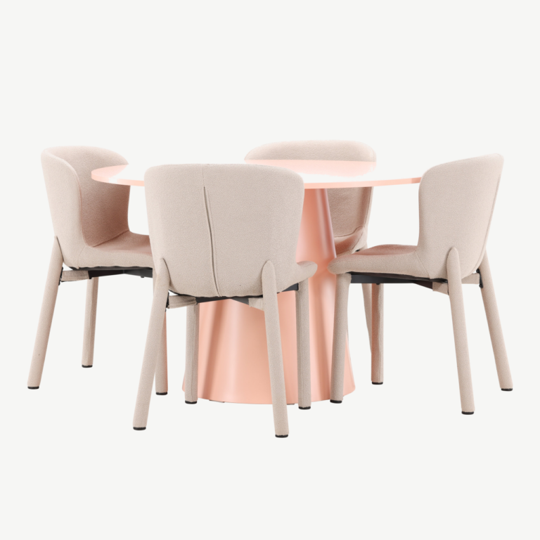 Virsikutooni ümmargune söögilauakomplekt: MDF laud Ø120 cm ja 4 beežis bukleekangaga tooli (Lanzo & Astoria) - GR24699