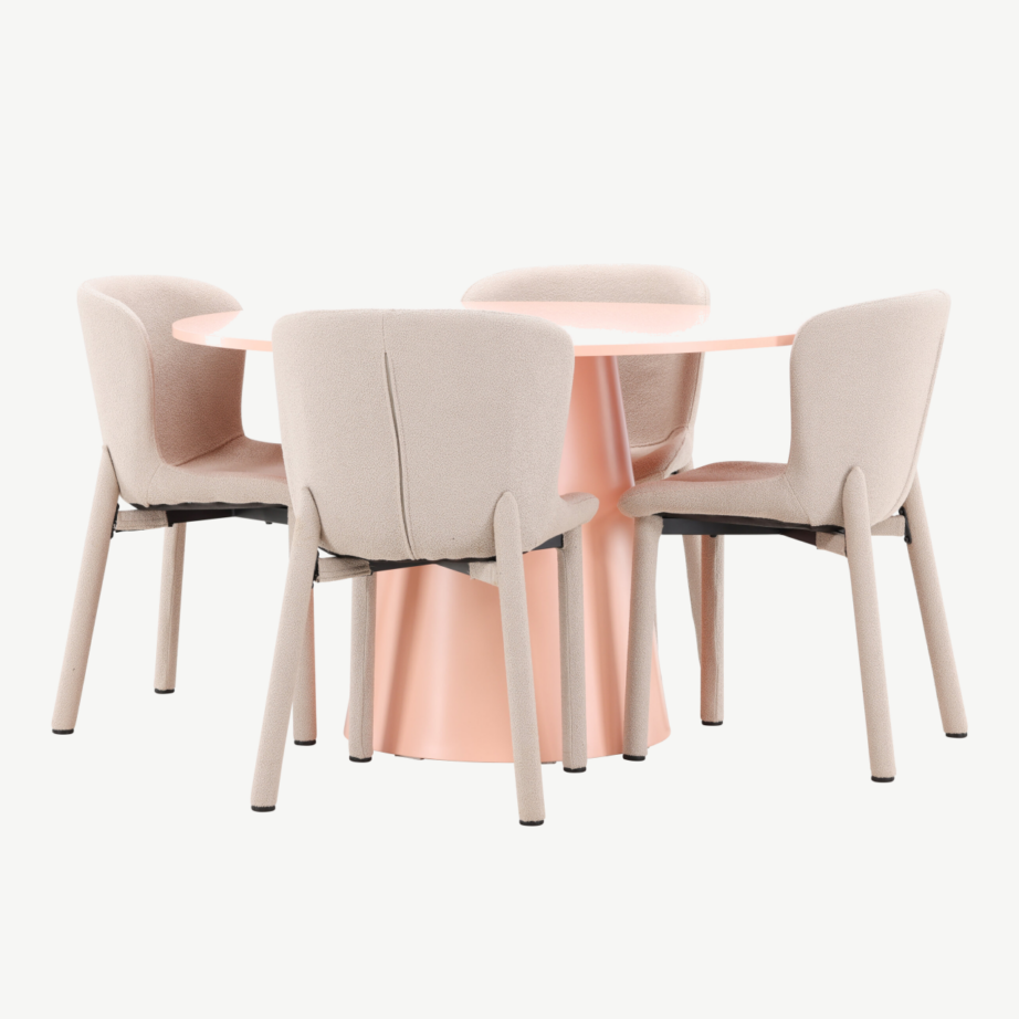 Virsikutooni ümmargune söögilauakomplekt: MDF laud Ø120 cm ja 4 beeži bukleekangaga tooli (Lanzo & Astoria), GR24699 – 6