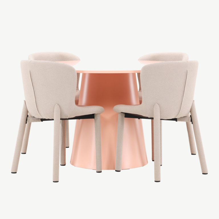 Virsikutooni ümmargune söögilauakomplekt: MDF laud Ø120 cm ja 4 beežis bukleekangaga tooli (Lanzo & Astoria) - GR24699