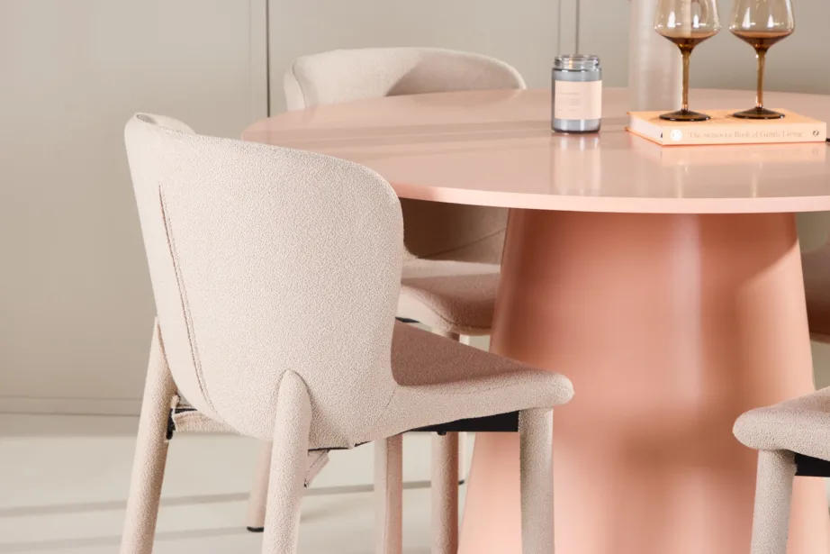 Virsikutooni ümmargune söögilauakomplekt: MDF laud Ø120 cm ja 4 beeži bukleekangaga tooli (Lanzo & Astoria), GR24699 – 9