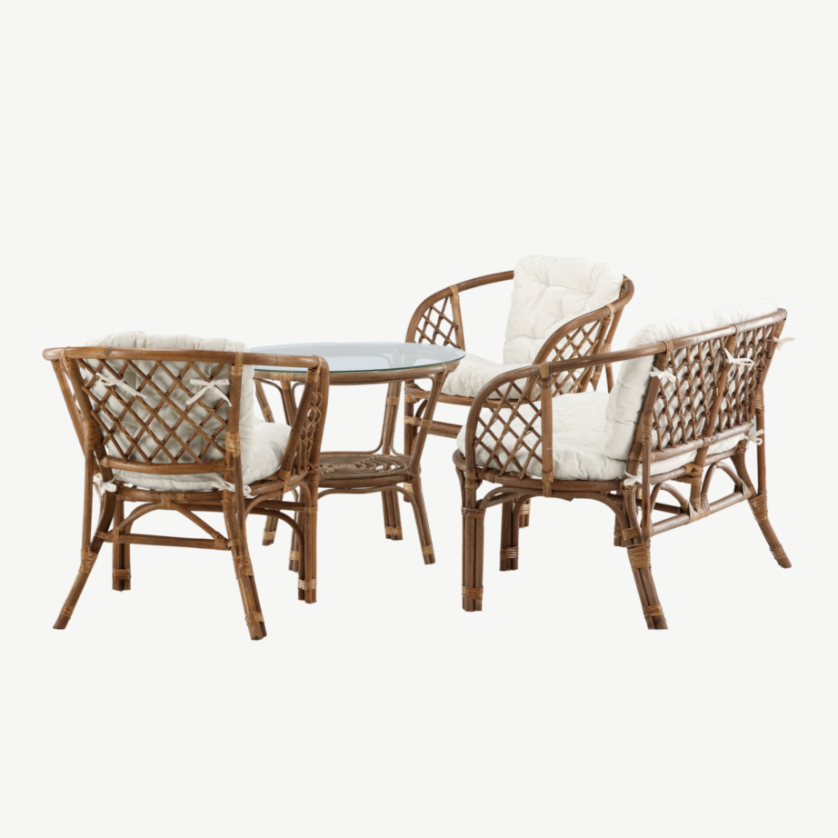 Wera rotangist lounge-komplekt: tume pähkel kaheistmeline diivan, 2 tugitooli ja ümmargune klaaslauake valgete patjadega, 2572-6011 – 10