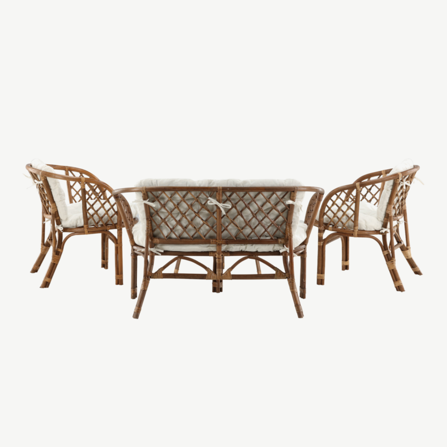 Wera rotangist lounge-komplekt: tume pähkel kaheistmeline diivan, 2 tugitooli ja ümmargune klaaslauake valgete patjadega, 2572-6011 – 12