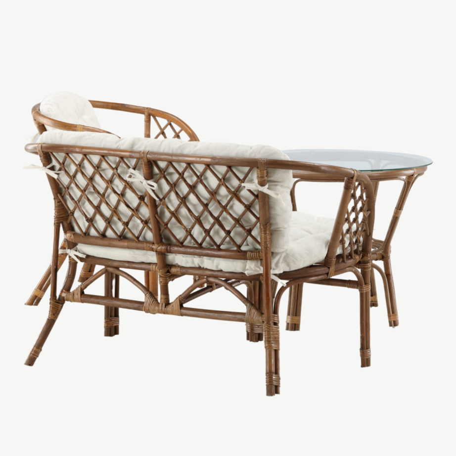 Wera rotangist lounge-komplekt: tume pähkel kaheistmeline diivan, 2 tugitooli ja ümmargune klaaslauake valgete patjadega, 2572-6011 – 13