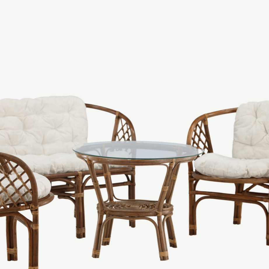 Wera rotangist lounge-komplekt: tume pähkel kaheistmeline diivan, 2 tugitooli ja ümmargune klaaslauake valgete patjadega, 2572-6011 – 4