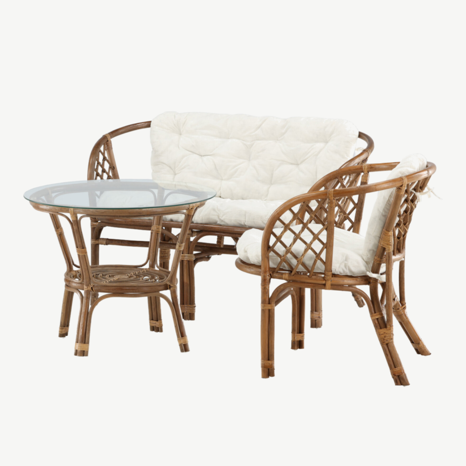 Wera rotangist lounge-komplekt: tume pähkel kaheistmeline diivan, 2 tugitooli ja ümmargune klaaslauake valgete patjadega, 2572-6011 – 7