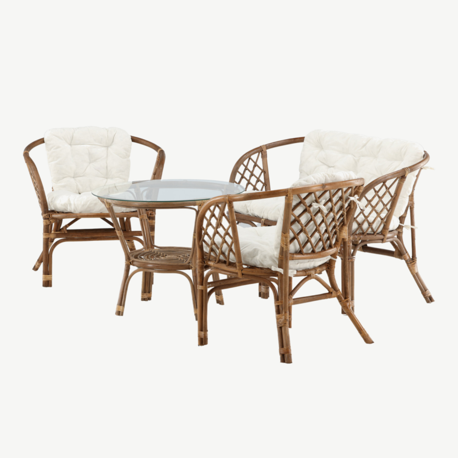 Wera rotangist lounge-komplekt: tume pähkel kaheistmeline diivan, 2 tugitooli ja ümmargune klaaslauake valgete patjadega, 2572-6011 – 8