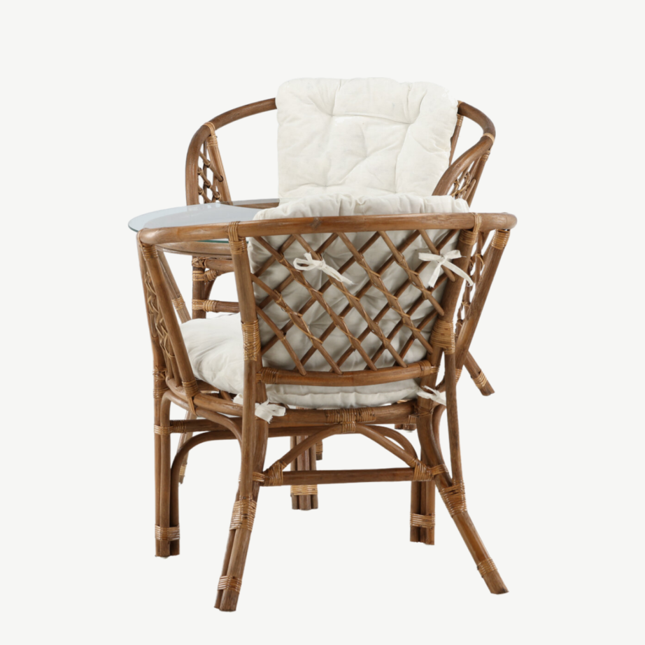 Wera rotangist lounge-komplekt: tume pähkel kaheistmeline diivan, 2 tugitooli ja ümmargune klaaslauake valgete patjadega, 2572-6011 – 9