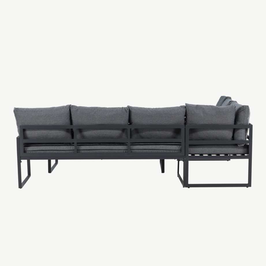 Zingaro nurgadiivanikomplekt musta raamiga – hallid polüestripadjad ja klaasist laud, 9798-100 – 9