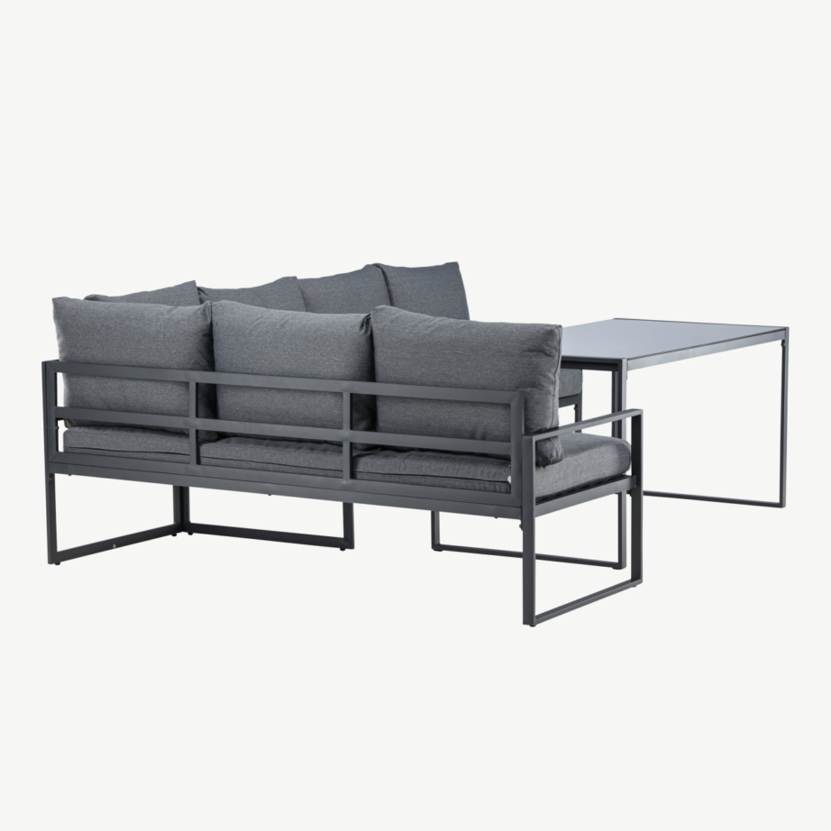 Zingaro nurgadiivanikomplekt musta raamiga – hallid polüestripadjad ja klaasist laud, 9798-100 – 2