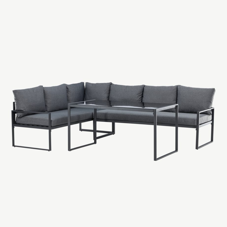 Zingaro nurgadiivanikomplekt musta raamiga – hallid polüestripadjad ja klaasist laud, 9798-100 – 5