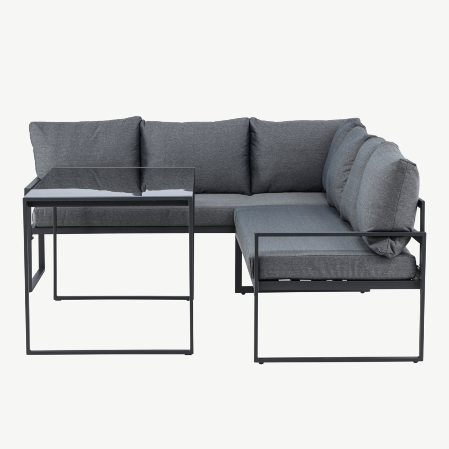 Zingaro nurgadiivanikomplekt musta raamiga – hallid polüestripadjad ja klaasist laud, 9798-100 – 6