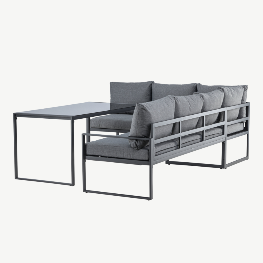 Zingaro nurgadiivanikomplekt musta raamiga – hallid polüestripadjad ja klaasist laud, 9798-100 – 7