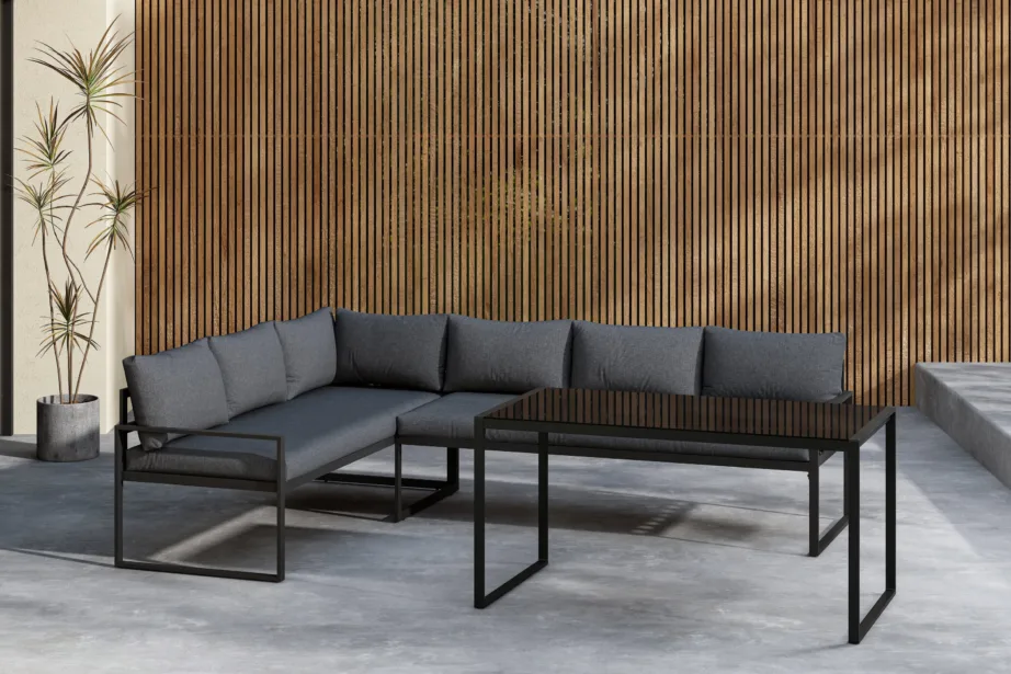 Zingaro nurgadiivanikomplekt musta raamiga – hallid polüestripadjad ja klaasist laud, 9798-100 – 12