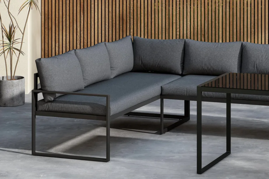 Zingaro nurgadiivanikomplekt musta raamiga – hallid polüestripadjad ja klaasist laud, 9798-100 – 13