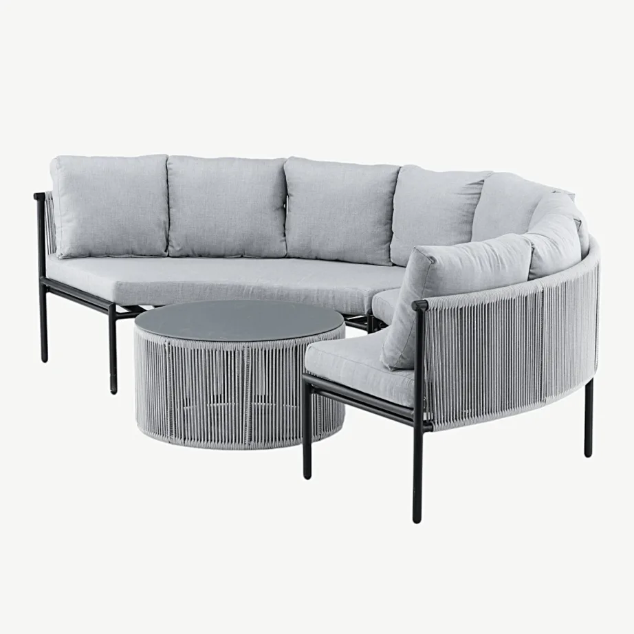 Virya poolkaarekujuline nurgadiivan õuekomplekt lauaga (alumiinium, polüesterköis, hall-must), 2084-408 – 6