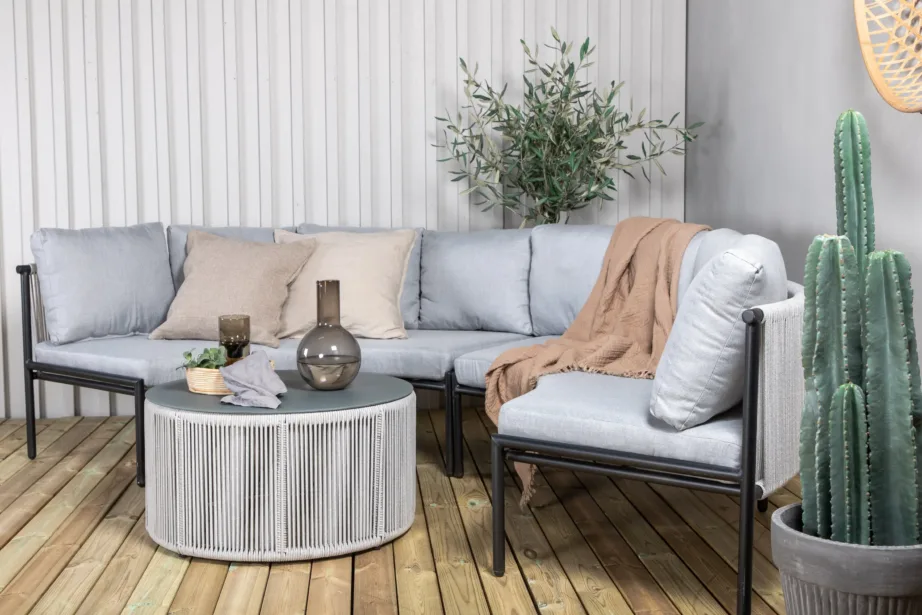 Virya poolkaarekujuline nurgadiivan õuekomplekt lauaga (alumiinium, polüesterköis, hall-must), 2084-408 – 9