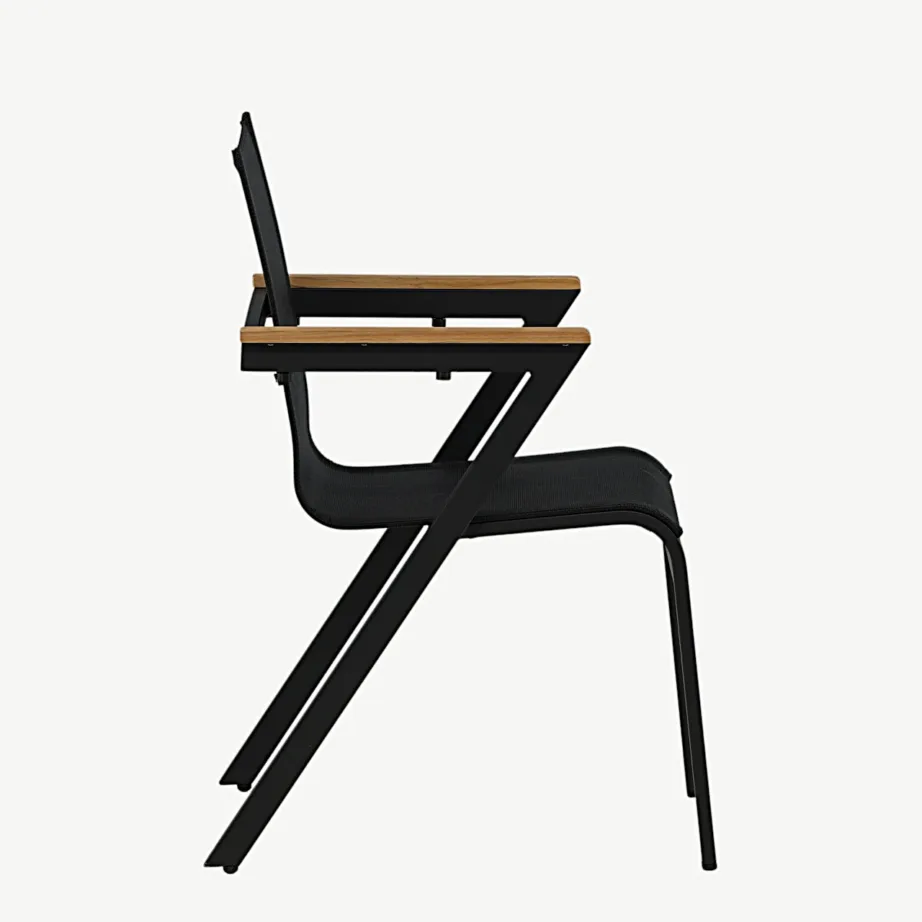 Stackitav must alumiiniumist aiamööbli tool Mexico tiikpuust käetugedega, tekstileenist istmega, 6083-520 – 2