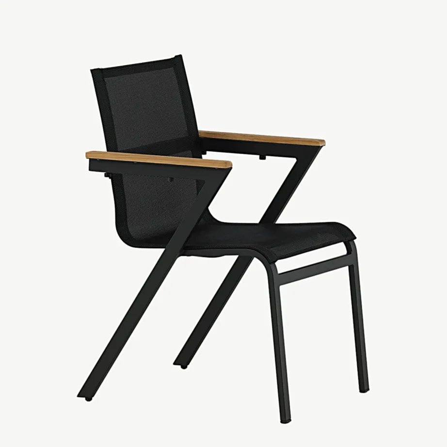 Stackitav must alumiiniumist aiamööbli tool Mexico tiikpuust käetugedega, tekstileenist istmega, 6083-520 – 3